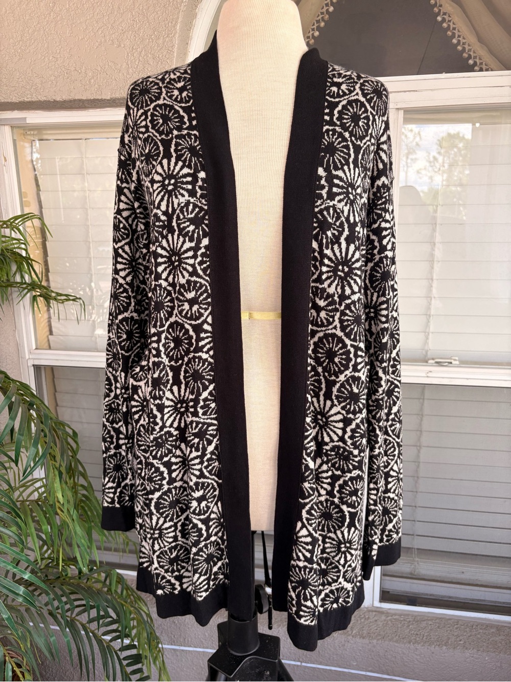 Black & White Floral Open-Front Cardigan Sweater